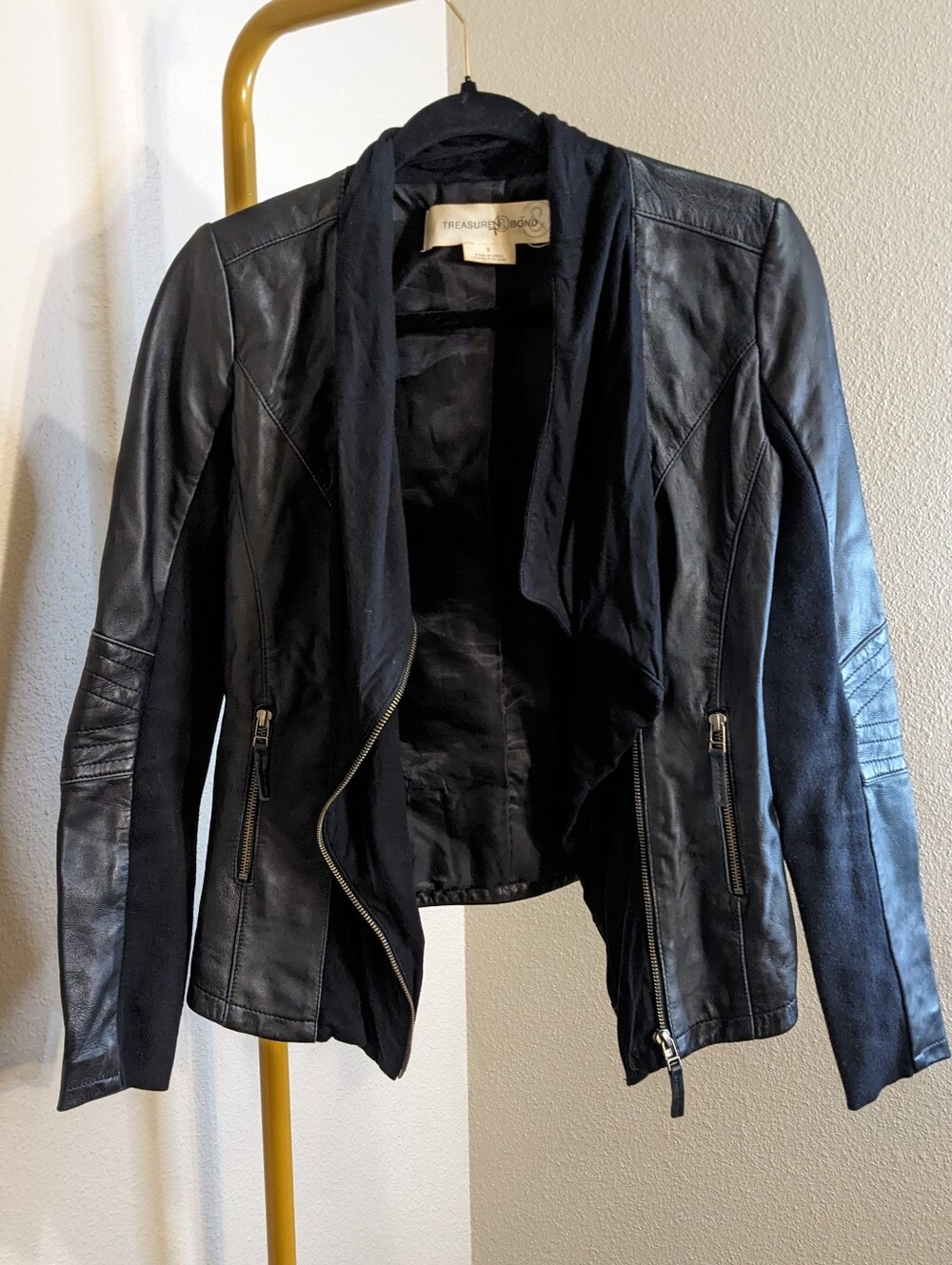 Leather Draped Moto Jacket with Scarf Shawl Collar